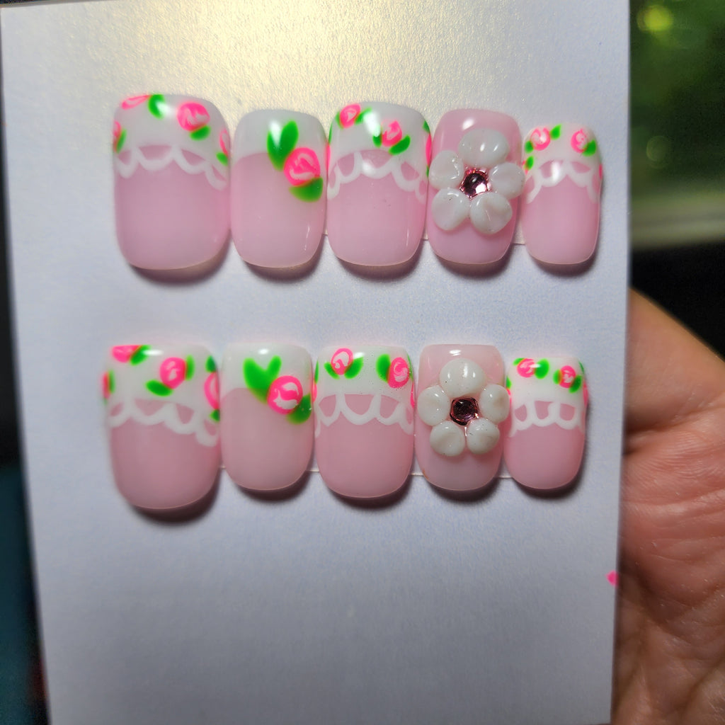Handmade Summer Floral French 3D Flower Coquette Gel Press-On Nails | Medium Short Square