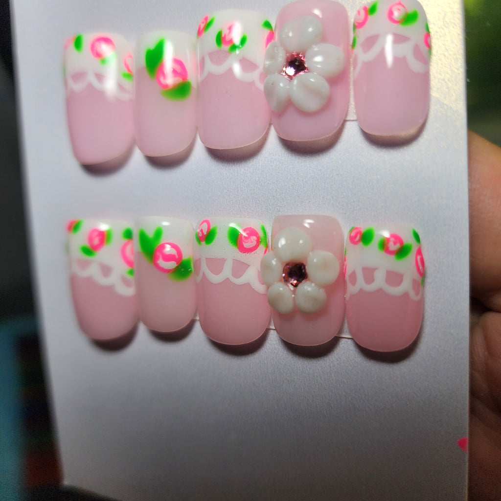 Handmade Summer Floral French 3D Flower Coquette Gel Press-On Nails | Medium Short Square