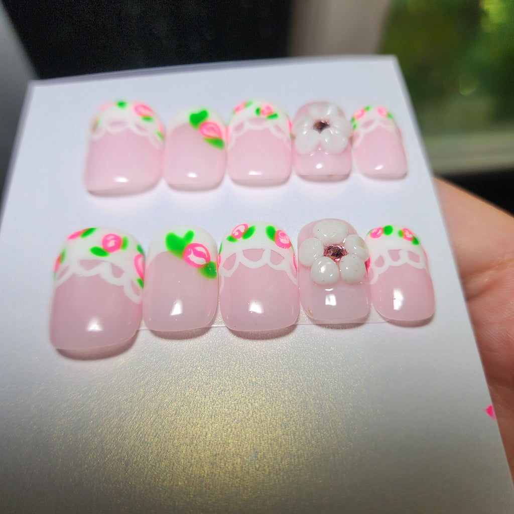 Handmade Summer Floral French 3D Flower Coquette Gel Press-On Nails | Medium Short Square