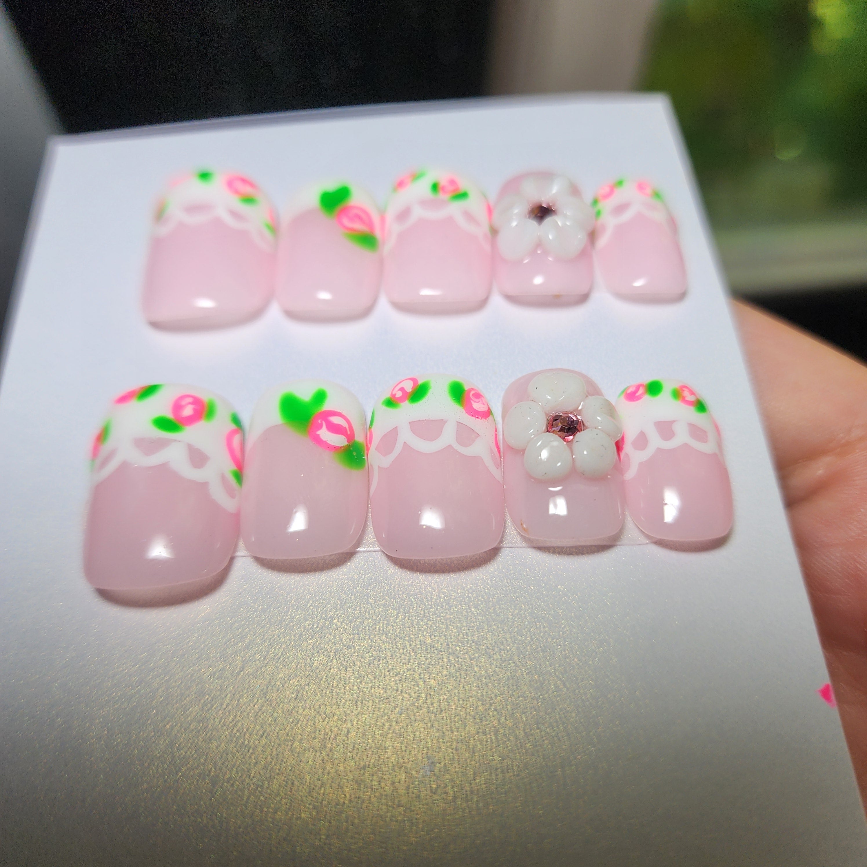 Handmade Summer Floral French 3D Flower Coquette Gel Press-On Nails | Medium Short Square