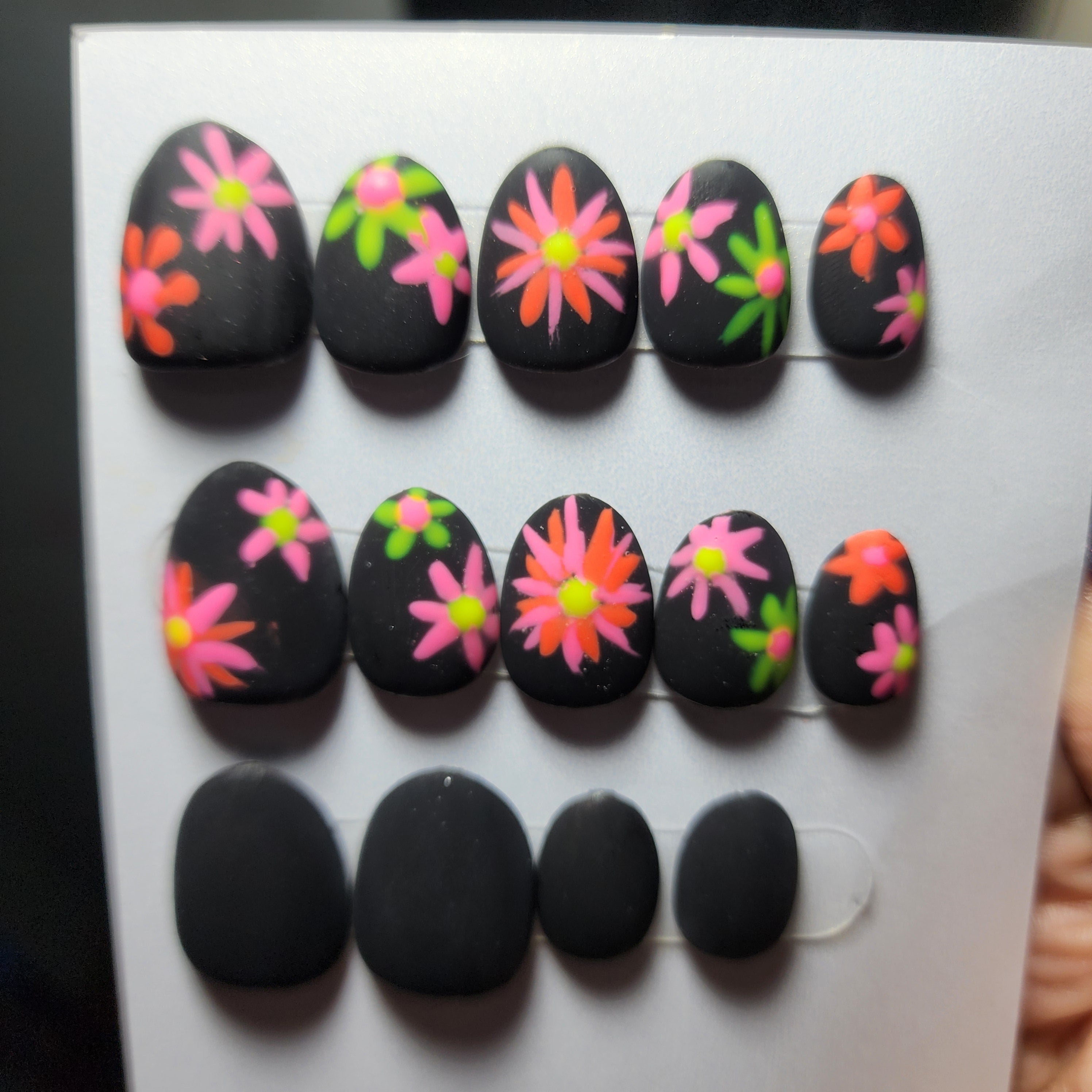 Extra Short Oval Matte Neon Floral Press-On Nails | Glow in the Dark | Handmade & Reusable | Builder Gel