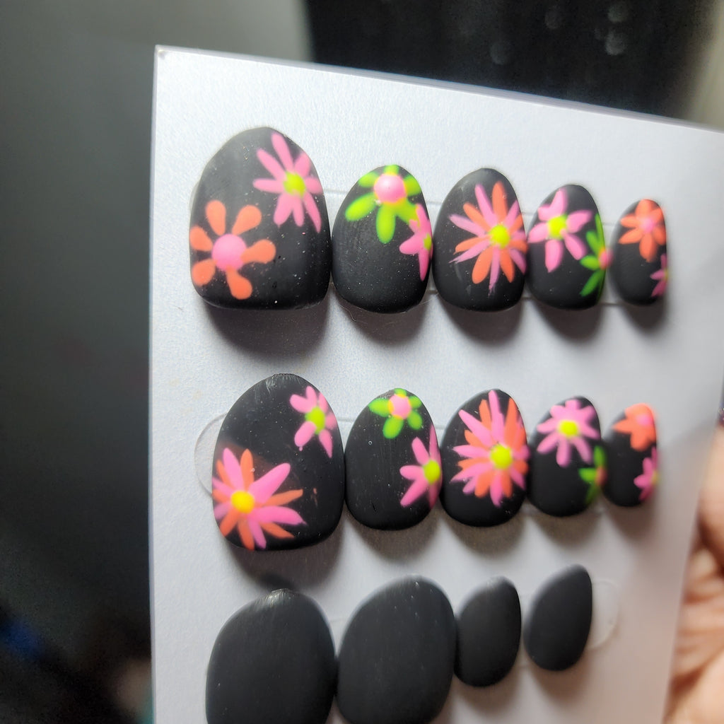 Extra Short Oval Matte Neon Floral Press-On Nails | Glow in the Dark | Handmade & Reusable | Builder Gel