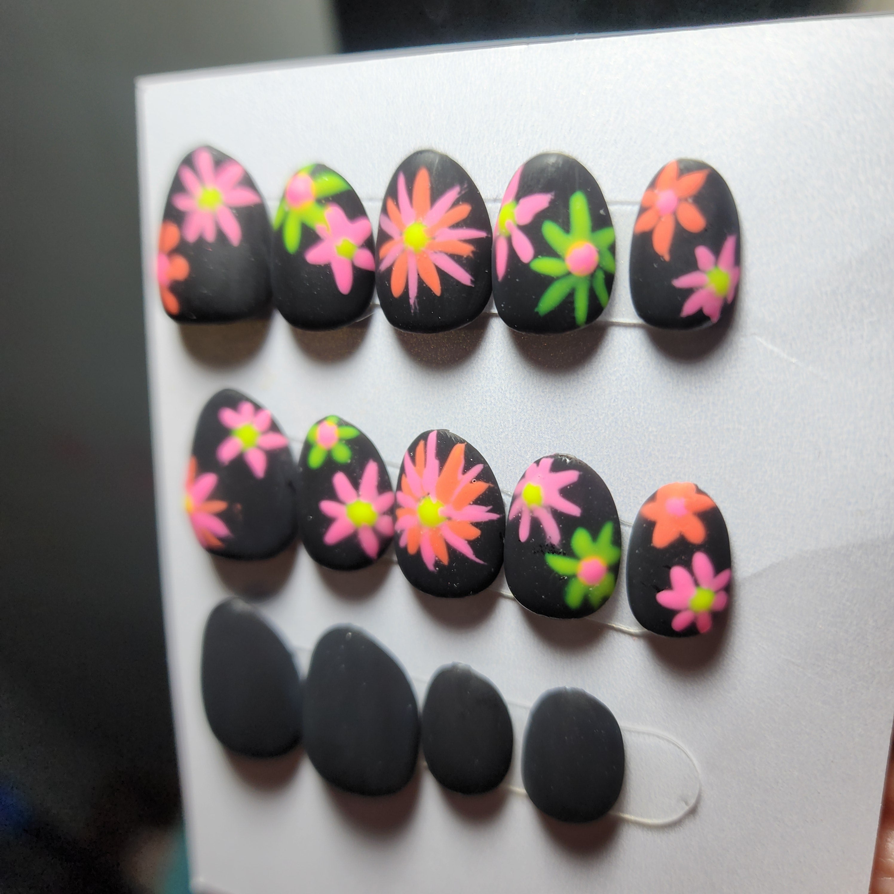 Extra Short Oval Matte Neon Floral Press-On Nails | Glow in the Dark | Handmade & Reusable | Builder Gel