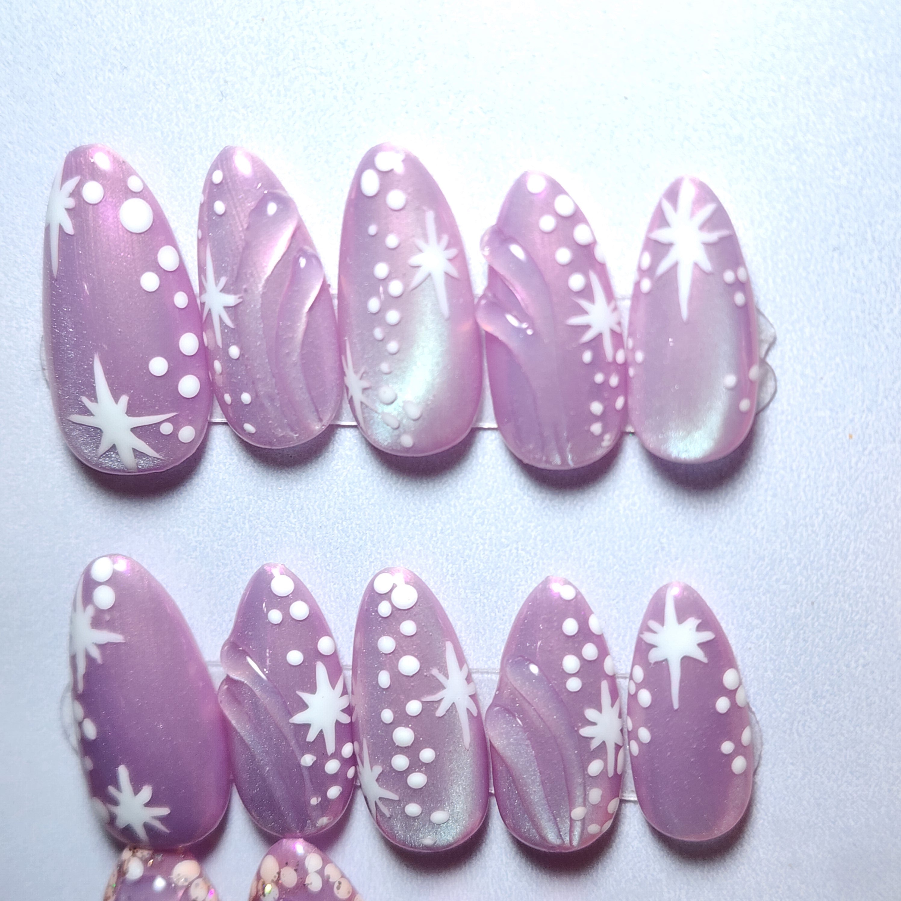 Short Almond Pink Cat Eye Press-On Nails | Aura Chrome Overlay | Celestial Ethereal | Builder Gel