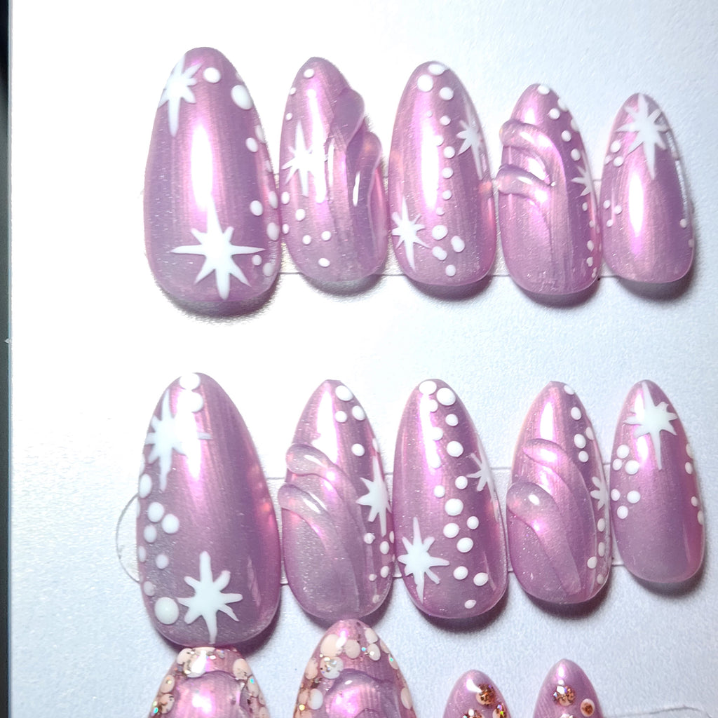 Short Almond Pink Cat Eye Press-On Nails | Aura Chrome Overlay | Celestial Ethereal | Builder Gel