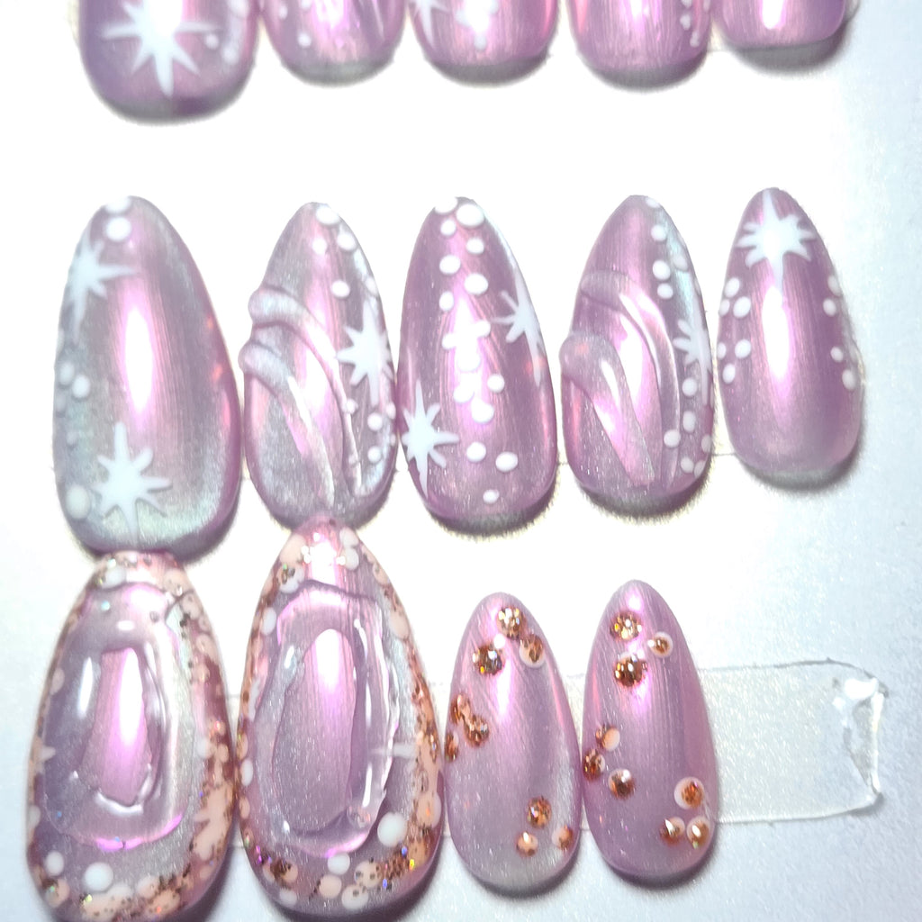 Short Almond Pink Cat Eye Press-On Nails | Aura Chrome Overlay | Celestial Ethereal | Builder Gel