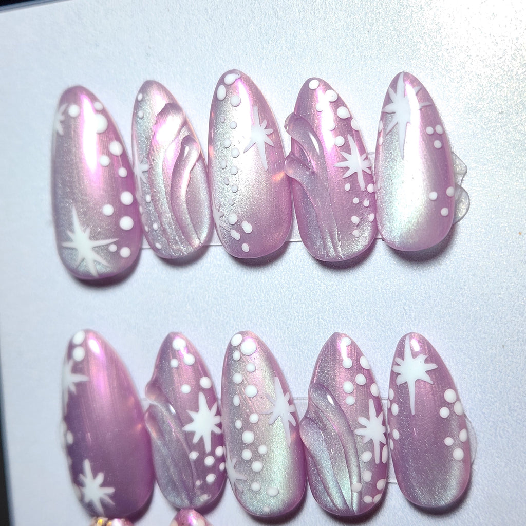 Short Almond Pink Cat Eye Press-On Nails | Aura Chrome Overlay | Celestial Ethereal | Builder Gel