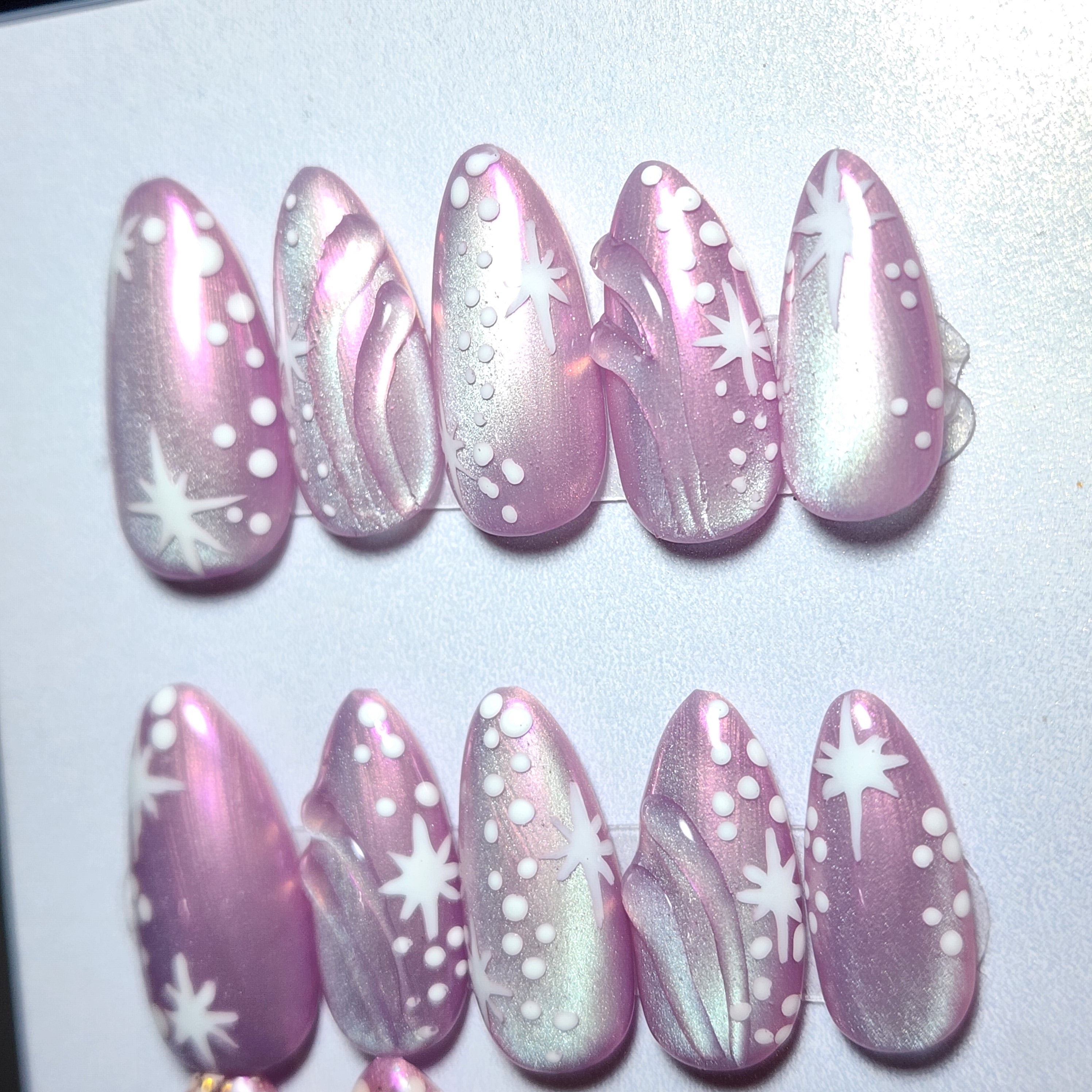 Short Almond Pink Cat Eye Press-On Nails | Aura Chrome Overlay | Celestial Ethereal | Builder Gel
