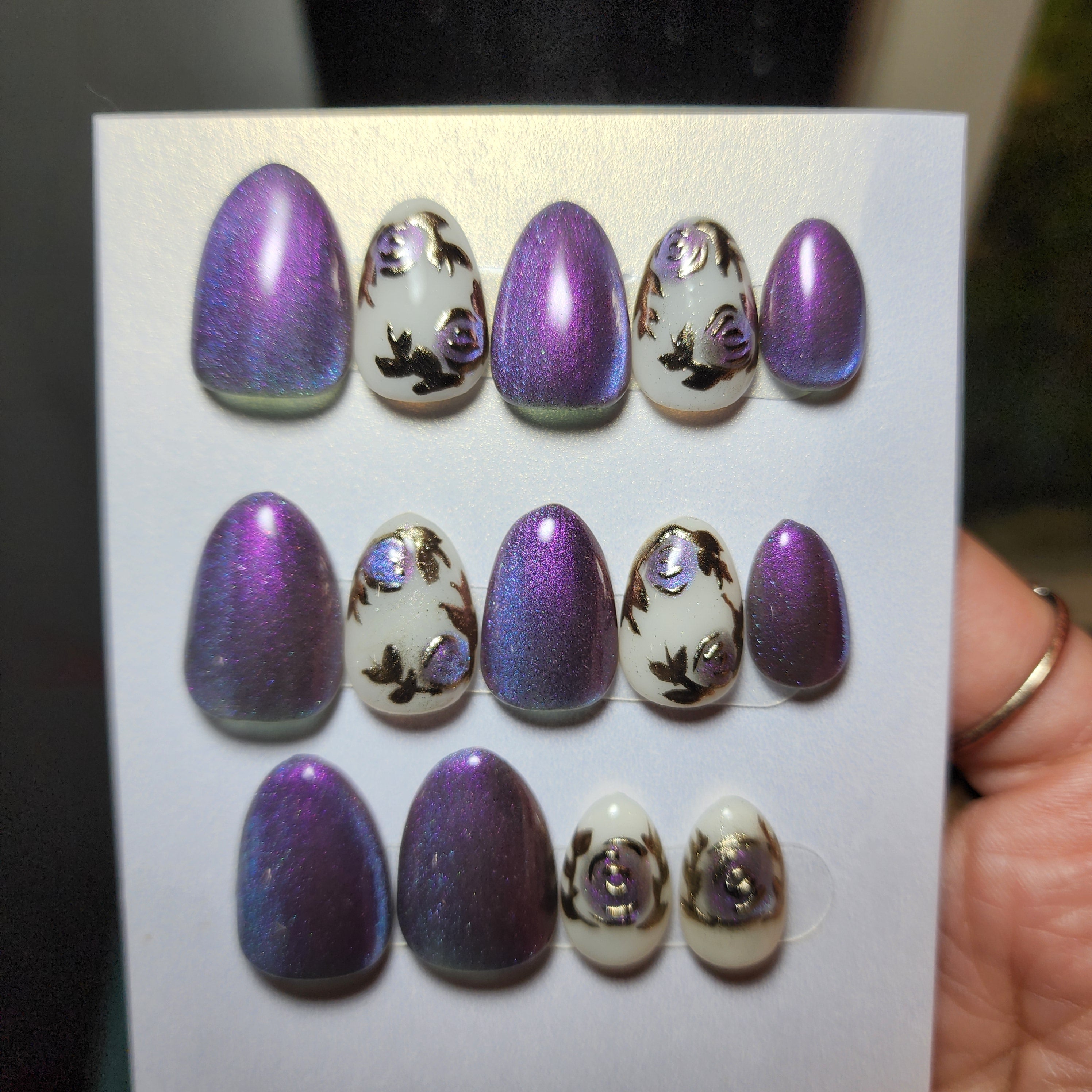 Almond Purple to Blue Color Shift Rose Press-On Nails | Cat Eye Chrome | Fairycore Goth | Builder Gel