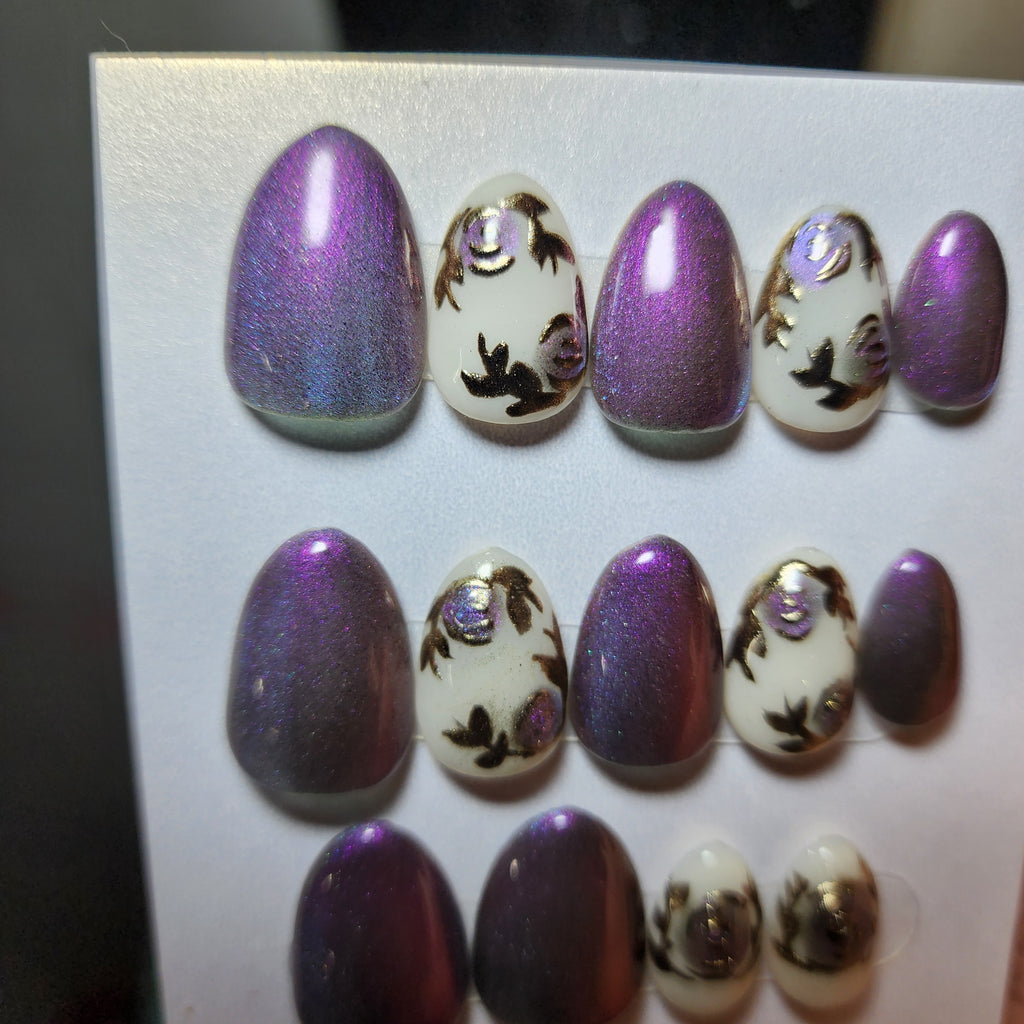 Almond Purple to Blue Color Shift Rose Press-On Nails | Cat Eye Chrome | Fairycore Goth | Builder Gel
