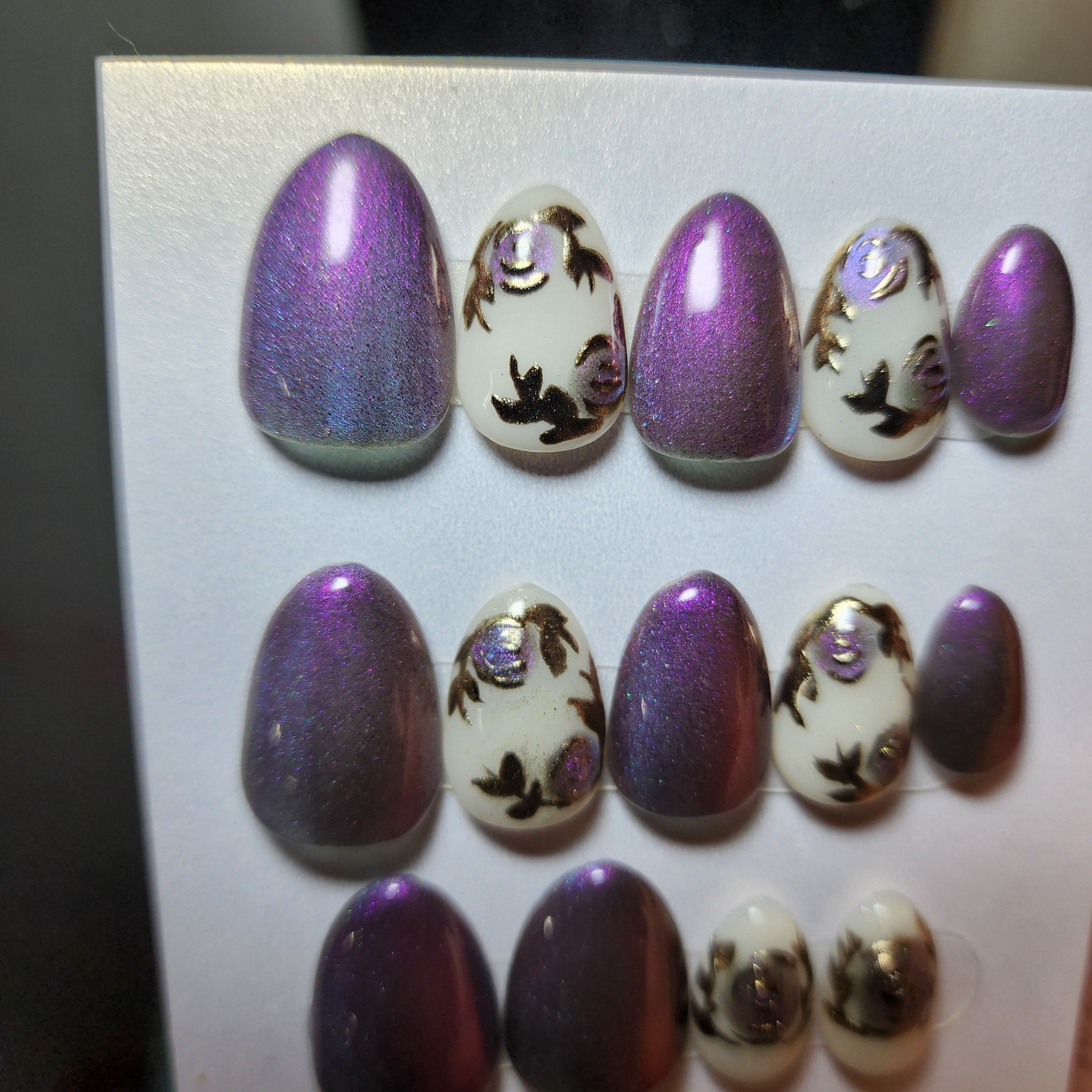 Almond Purple to Blue Color Shift Rose Press-On Nails | Cat Eye Chrome | Fairycore Goth | Builder Gel