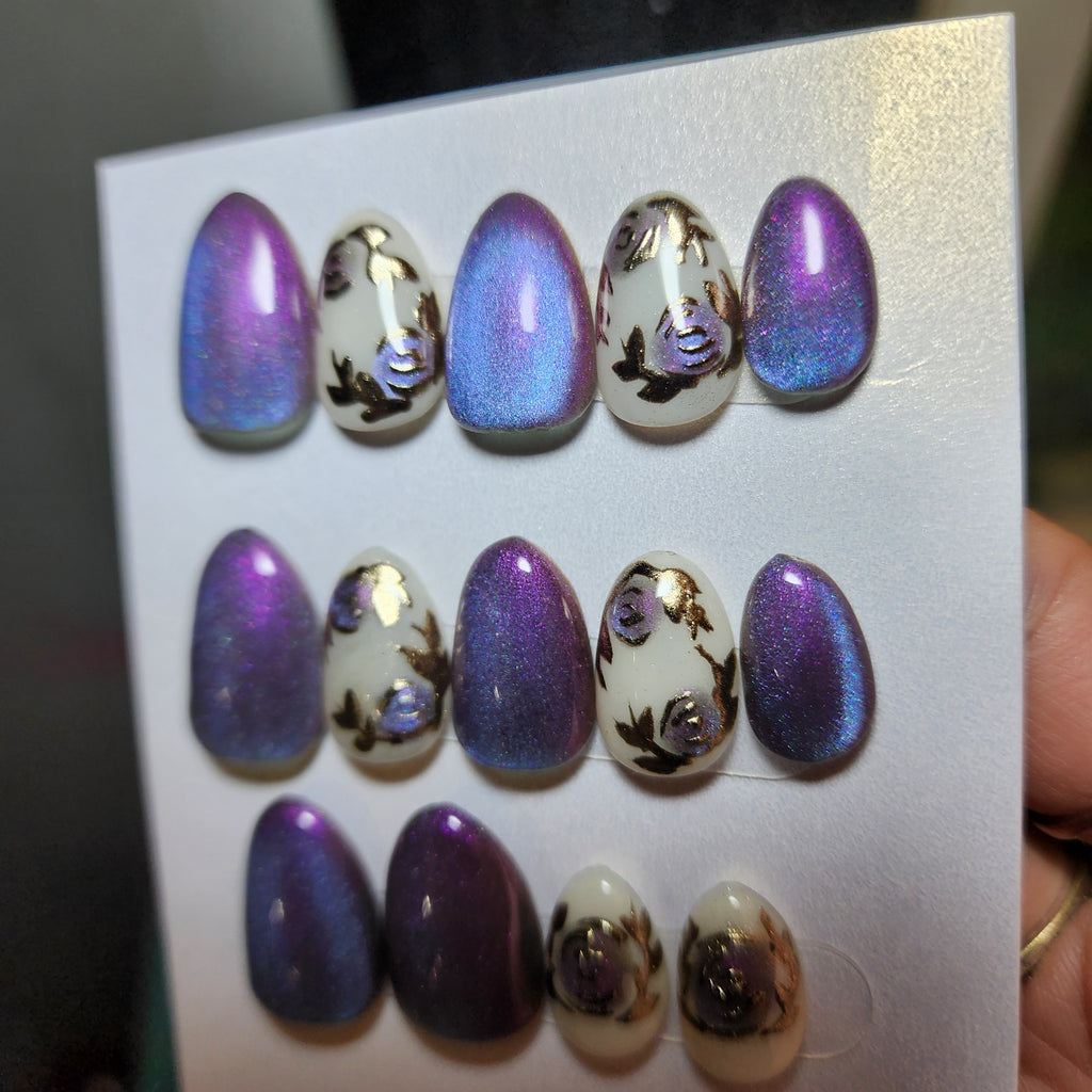 Almond Purple to Blue Color Shift Rose Press-On Nails | Cat Eye Chrome | Fairycore Goth | Builder Gel