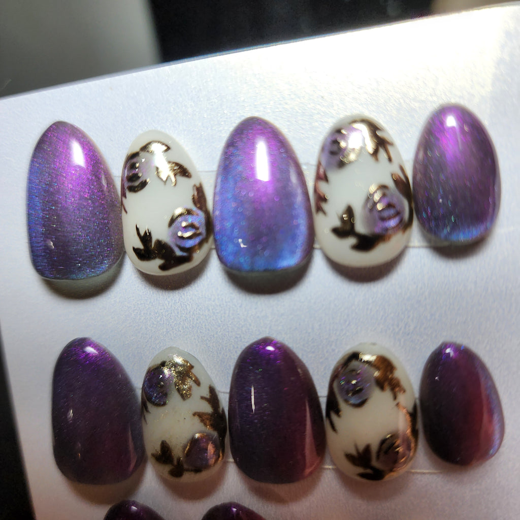 Almond Purple to Blue Color Shift Rose Press-On Nails | Cat Eye Chrome | Fairycore Goth | Builder Gel