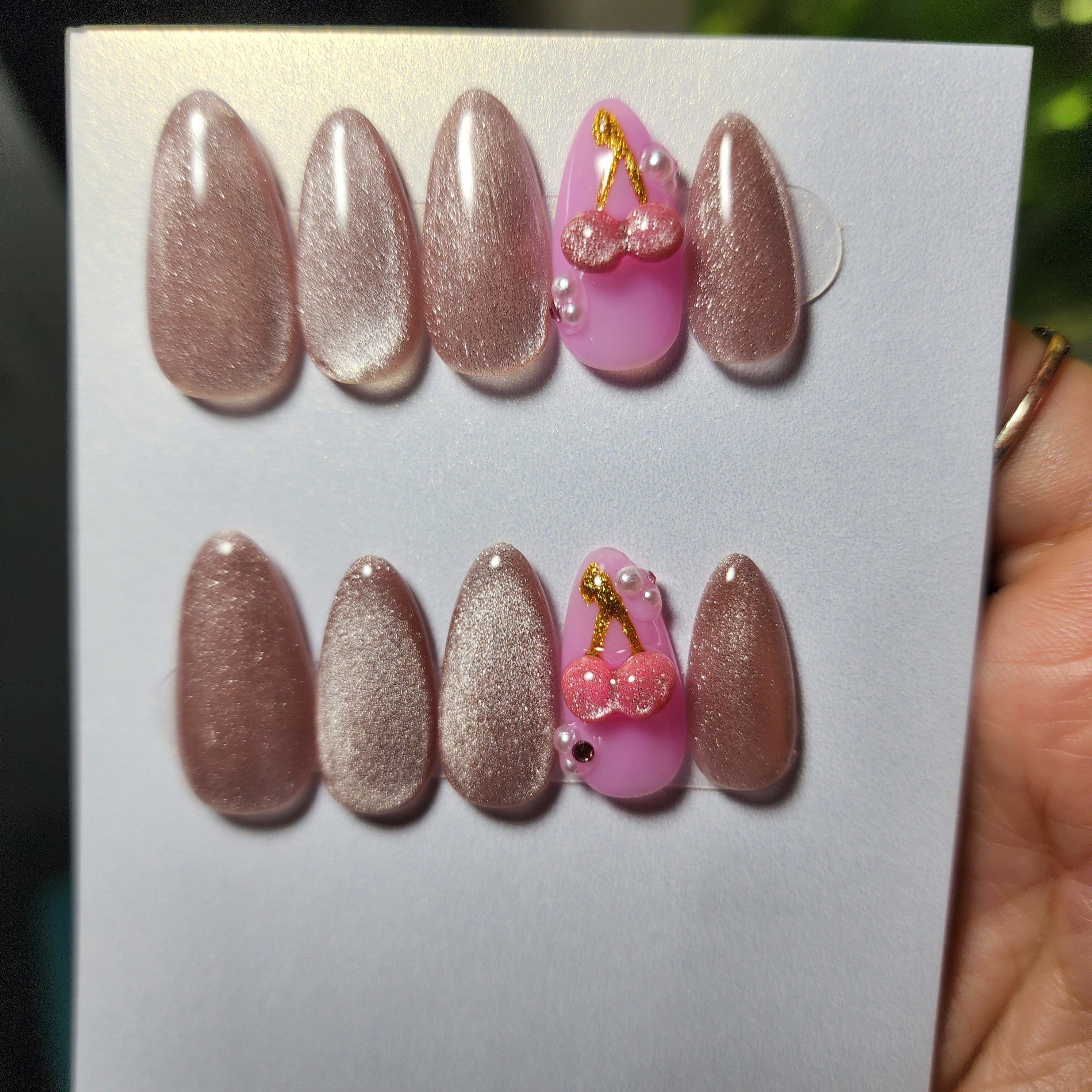 🍒 Baby Pink Cat Eye Press-Ons with 3D Molded Cherries