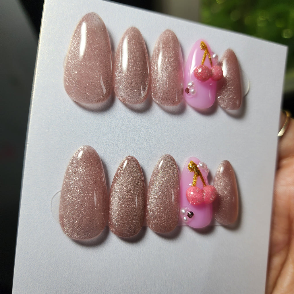 🍒 Baby Pink Cat Eye Press-Ons with 3D Molded Cherries