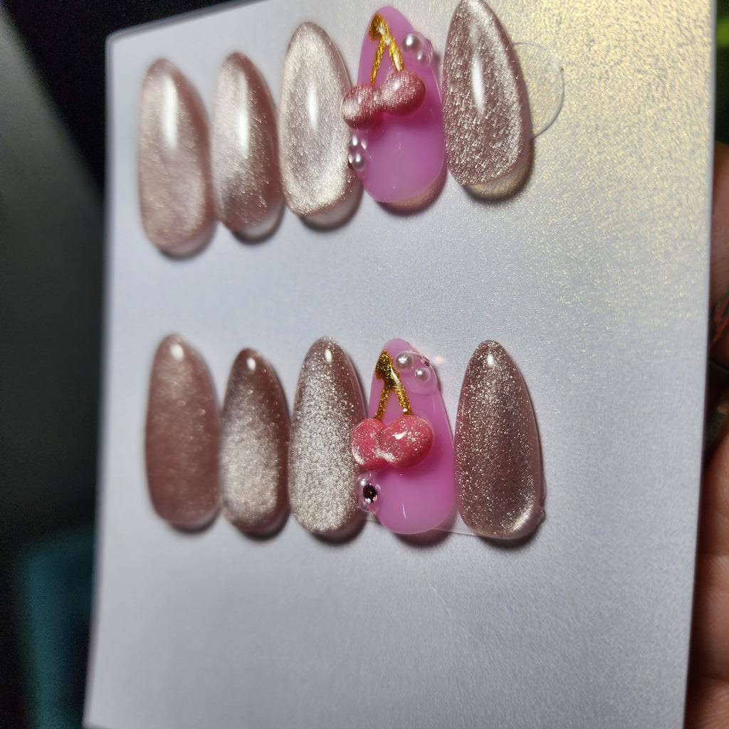 🍒 Baby Pink Cat Eye Press-Ons with 3D Molded Cherries