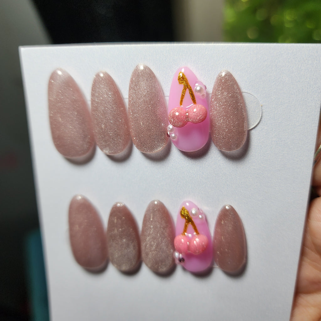 🍒 Baby Pink Cat Eye Press-Ons with 3D Molded Cherries