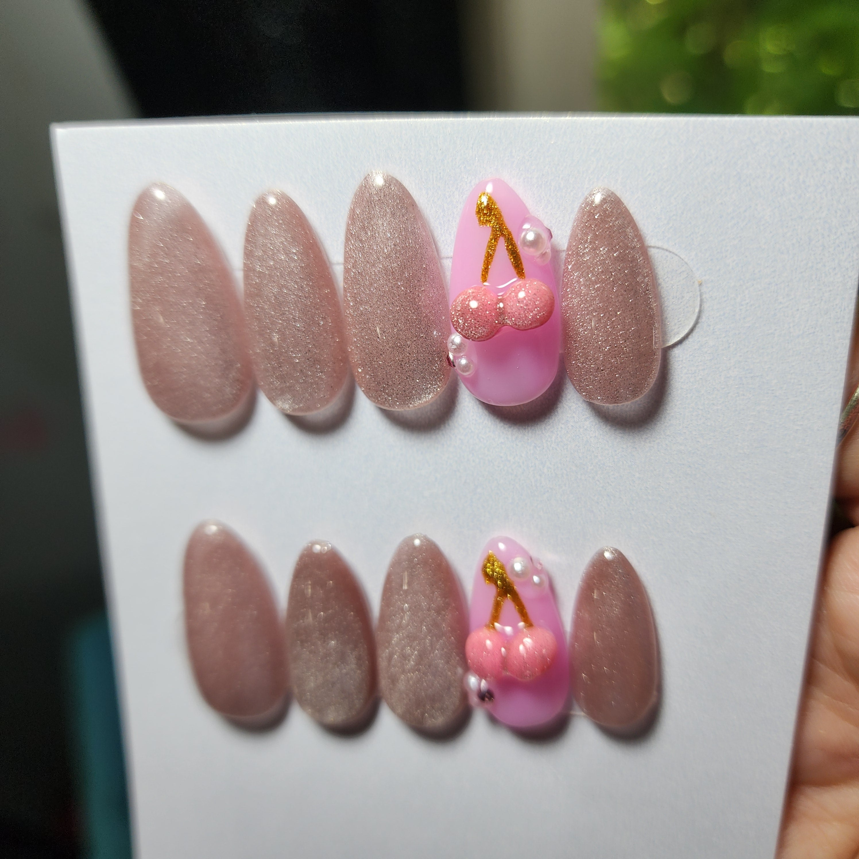 🍒 Baby Pink Cat Eye Press-Ons with 3D Molded Cherries