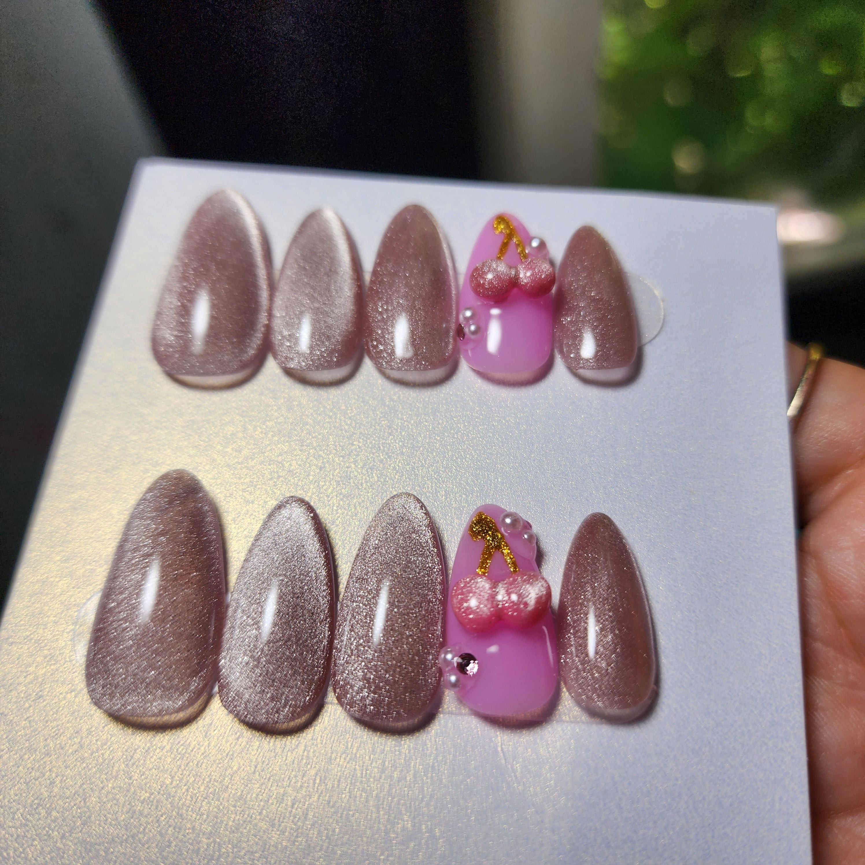🍒 Baby Pink Cat Eye Press-Ons with 3D Molded Cherries