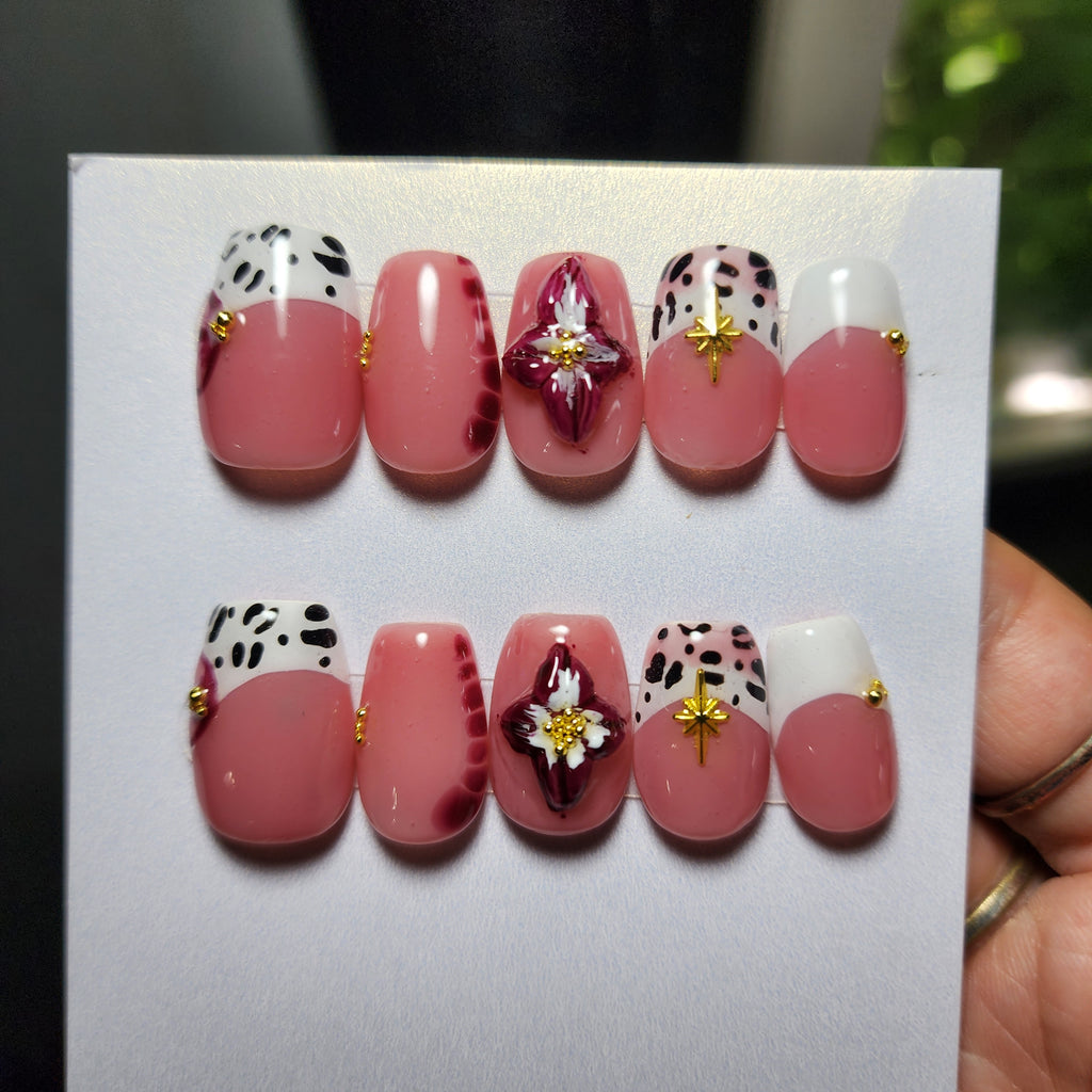 🏵️✨ Wild in Bloom | French Leopard Builder Gel Press-Ons with 3D Maroon Flower & Gold Embellishments | Short Coffin | Custom Sizing