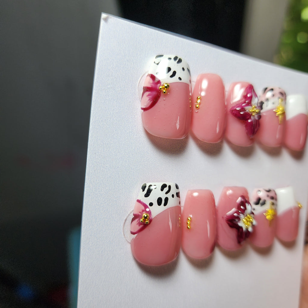 🏵️✨ Wild in Bloom | French Leopard Builder Gel Press-Ons with 3D Maroon Flower & Gold Embellishments | Short Coffin | Custom Sizing