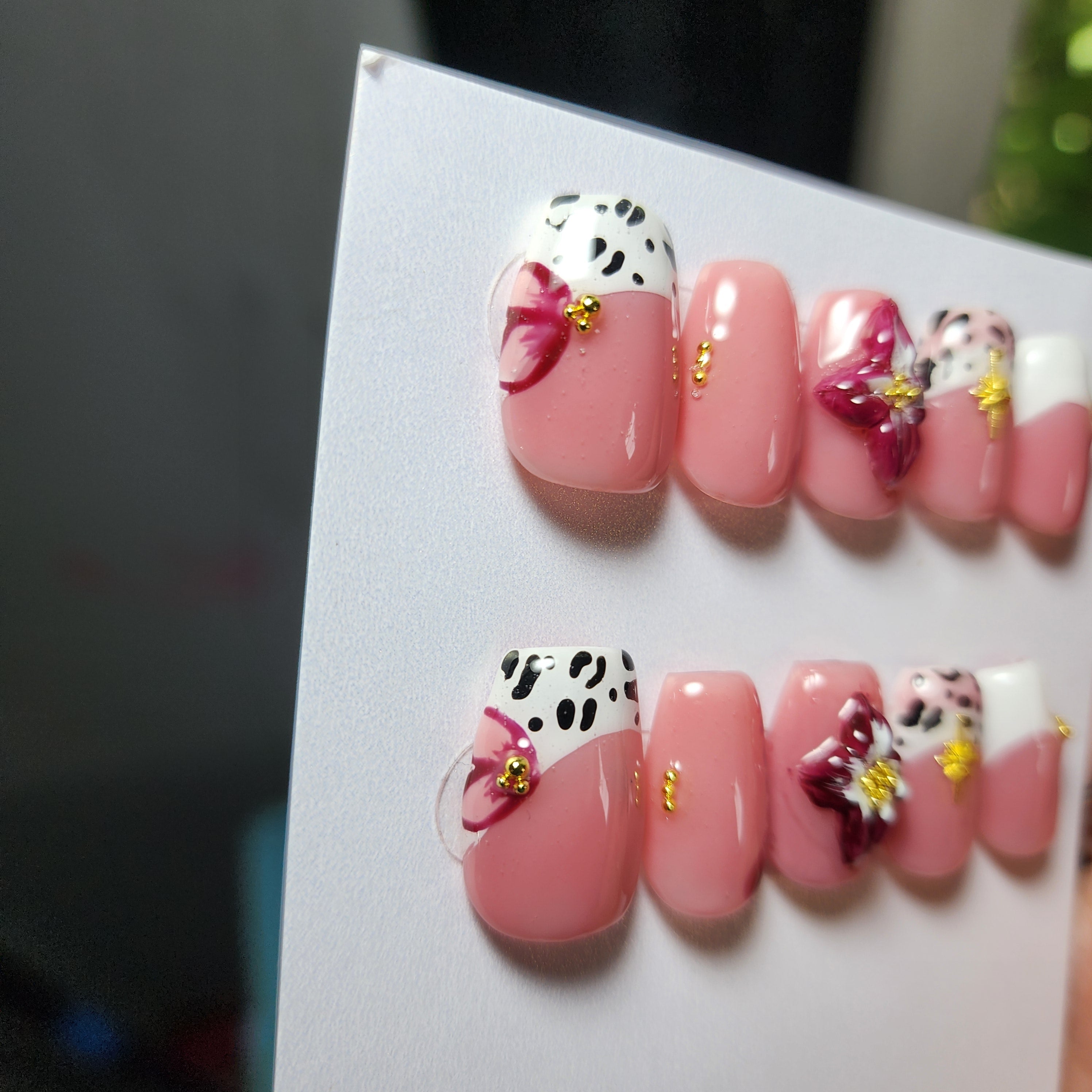 🏵️✨ Wild in Bloom | French Leopard Builder Gel Press-Ons with 3D Maroon Flower & Gold Embellishments | Short Coffin | Custom Sizing