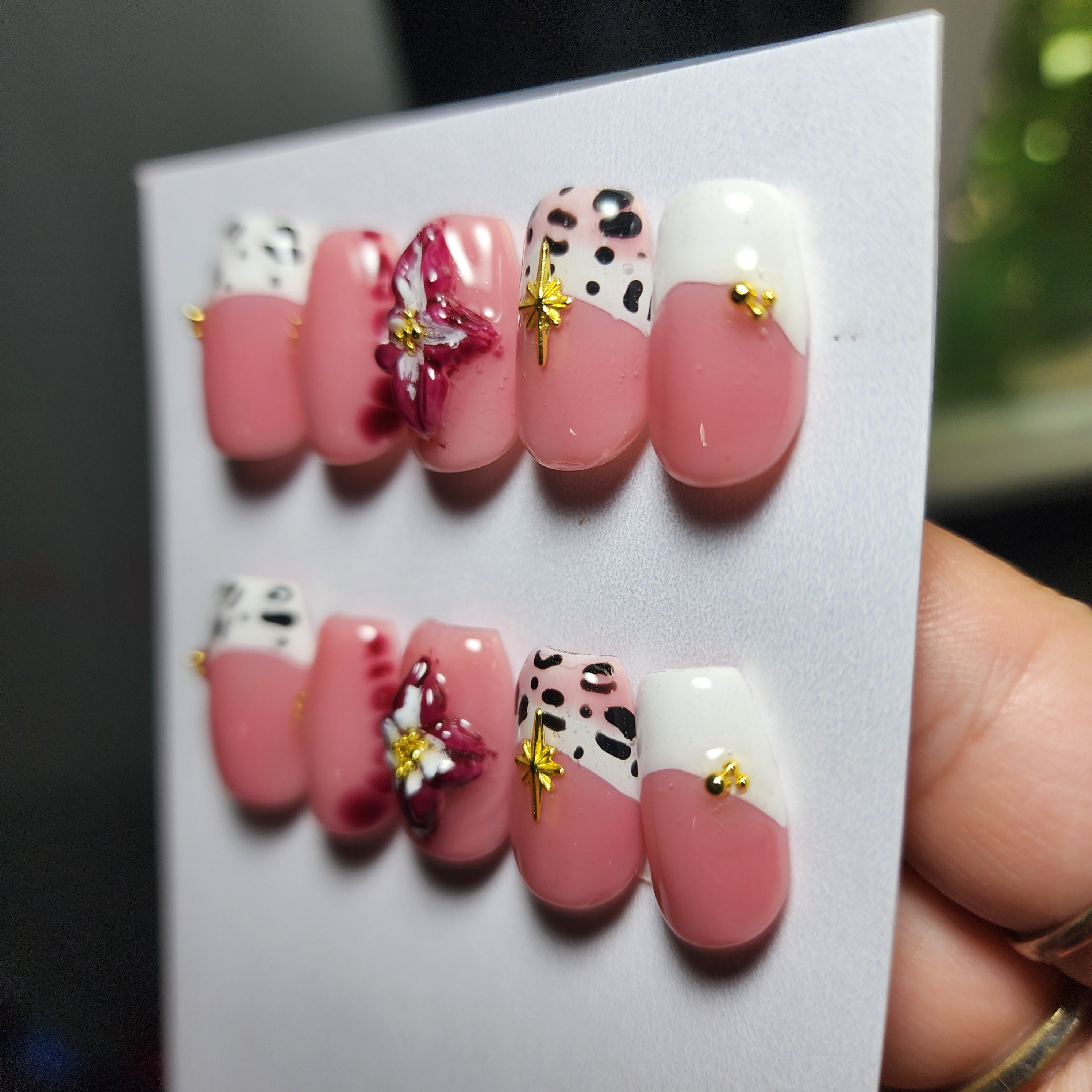 🏵️✨ Wild in Bloom | French Leopard Builder Gel Press-Ons with 3D Maroon Flower & Gold Embellishments | Short Coffin | Custom Sizing