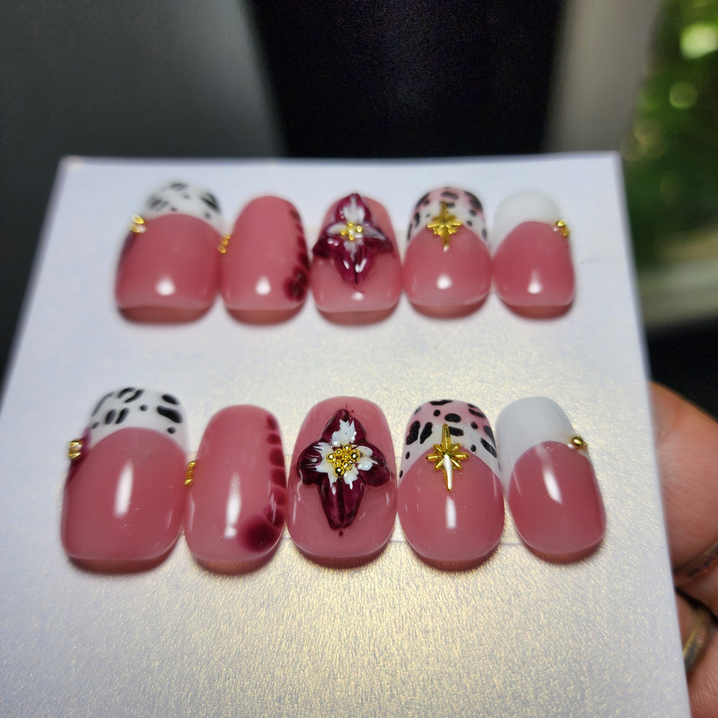 🏵️✨ Wild in Bloom | French Leopard Builder Gel Press-Ons with 3D Maroon Flower & Gold Embellishments | Short Coffin | Custom Sizing
