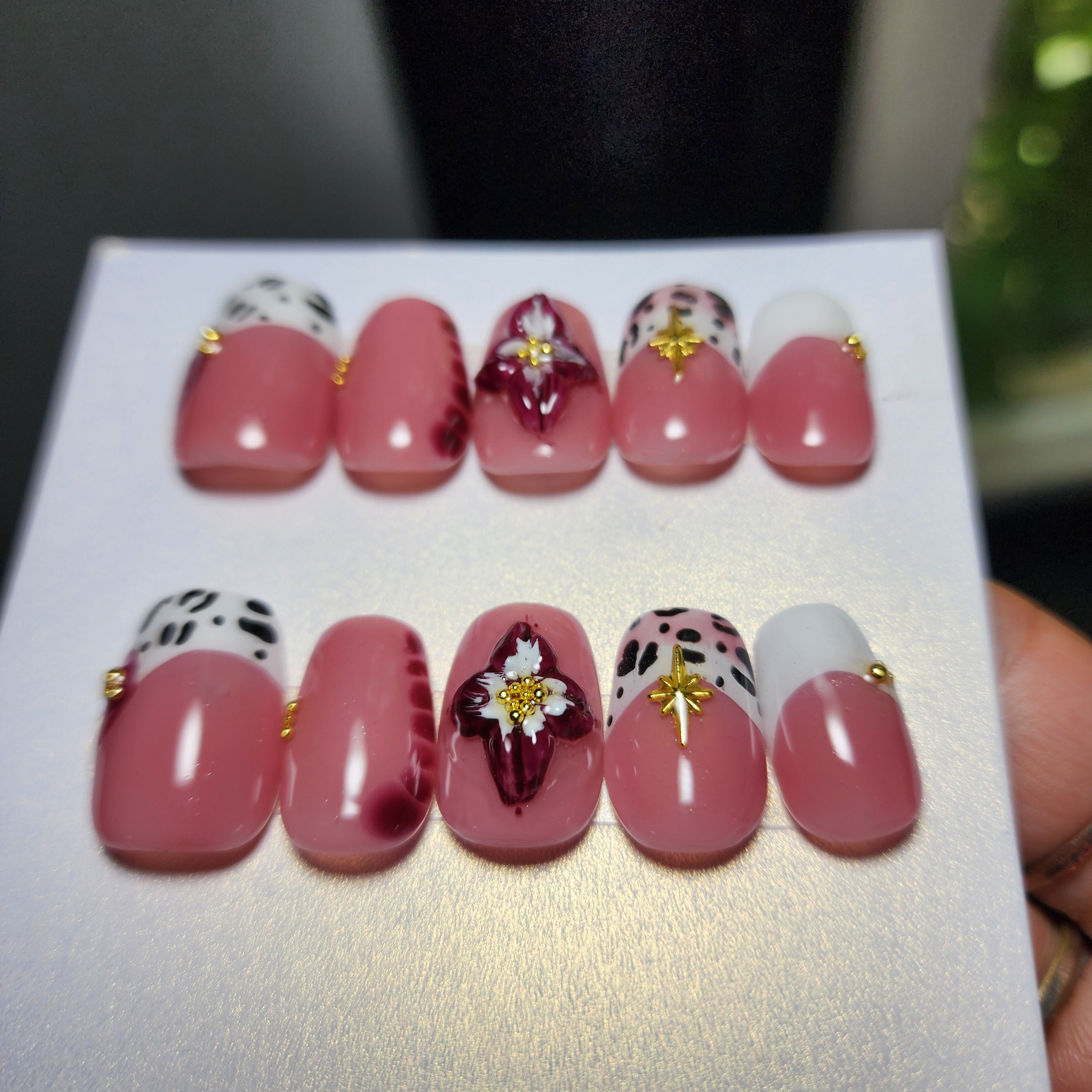 🏵️✨ Wild in Bloom | French Leopard Builder Gel Press-Ons with 3D Maroon Flower & Gold Embellishments | Short Coffin | Custom Sizing