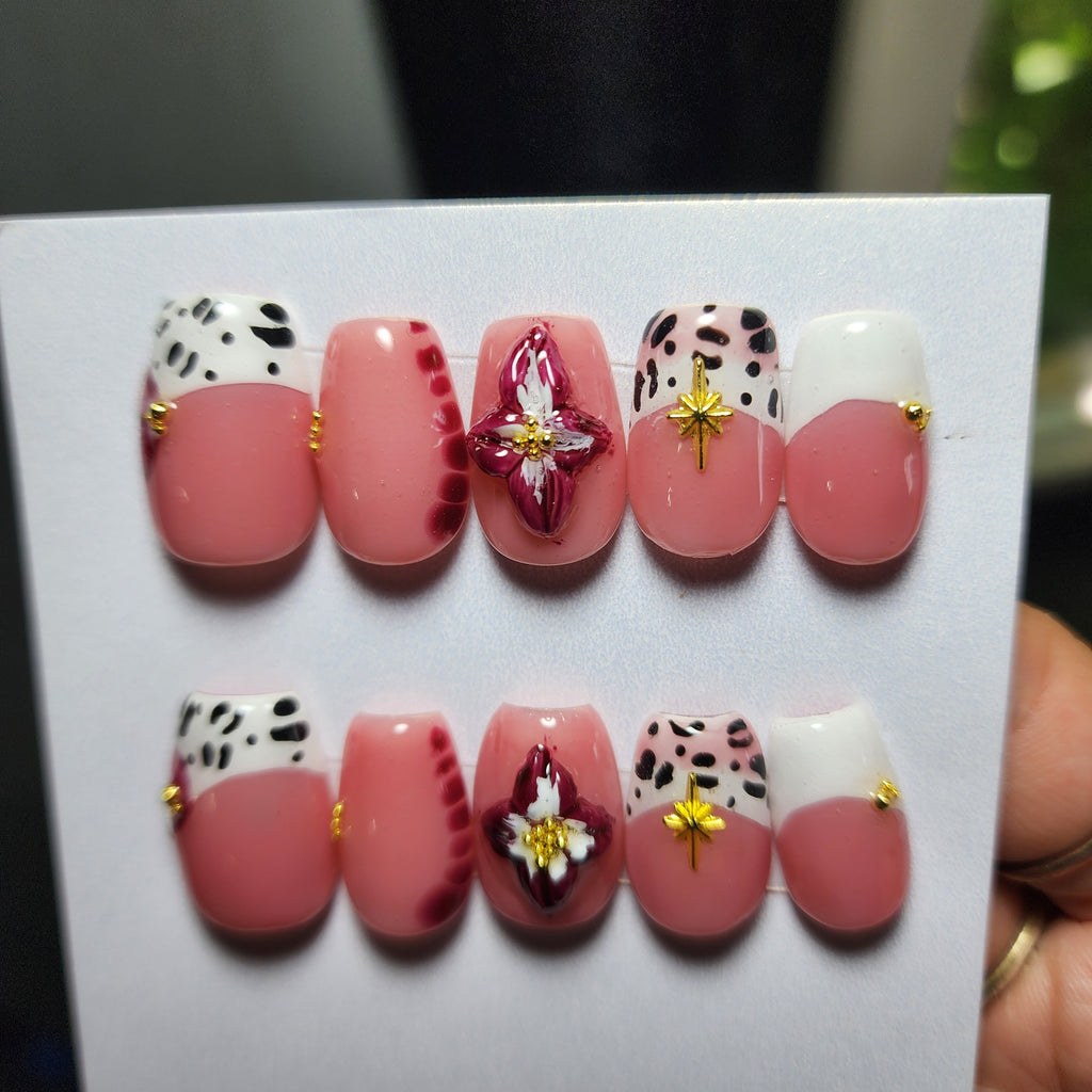 🏵️✨ Wild in Bloom | French Leopard Builder Gel Press-Ons with 3D Maroon Flower & Gold Embellishments | Short Coffin | Custom Sizing