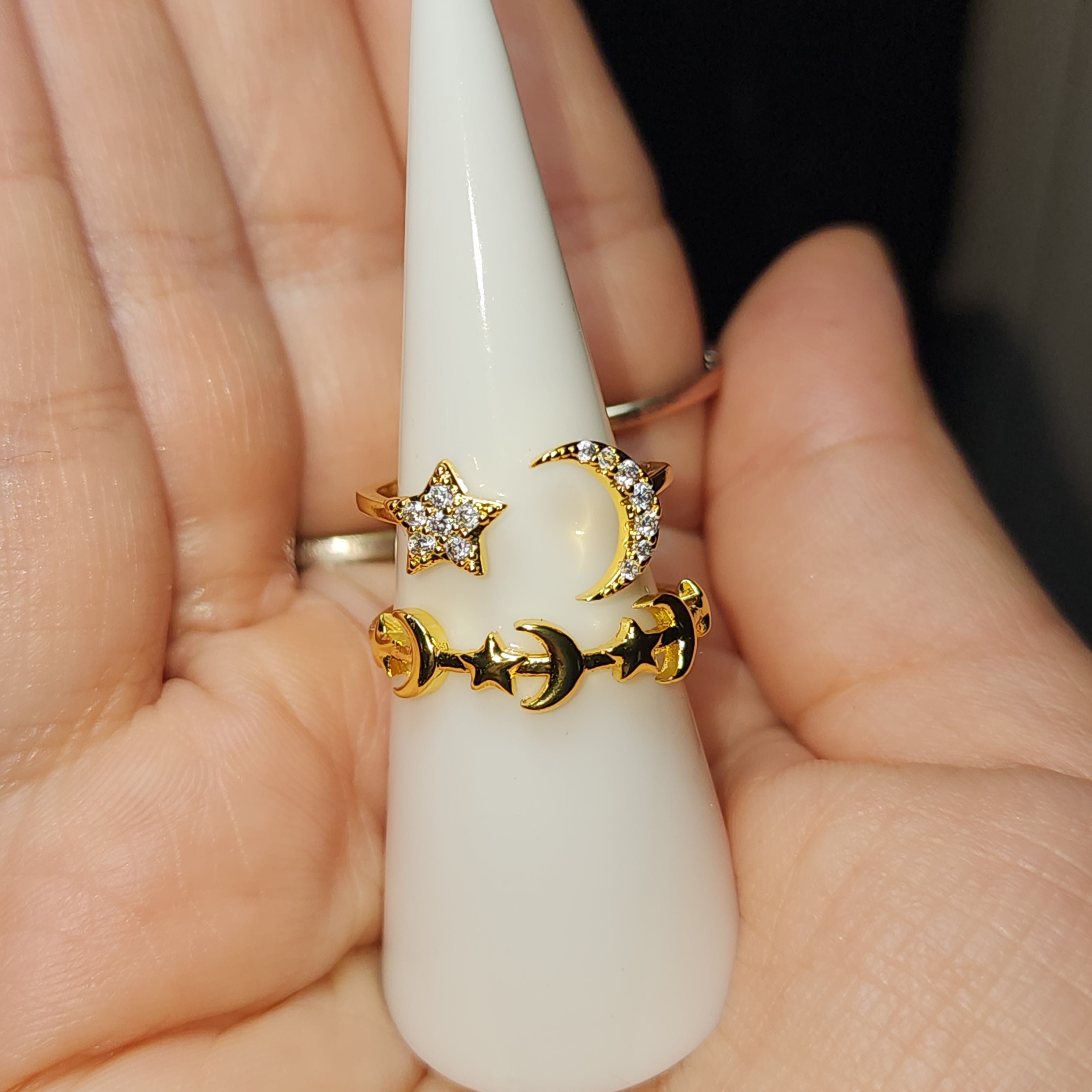 Gold Tone Star & Moon Zircon Adjustable Ring