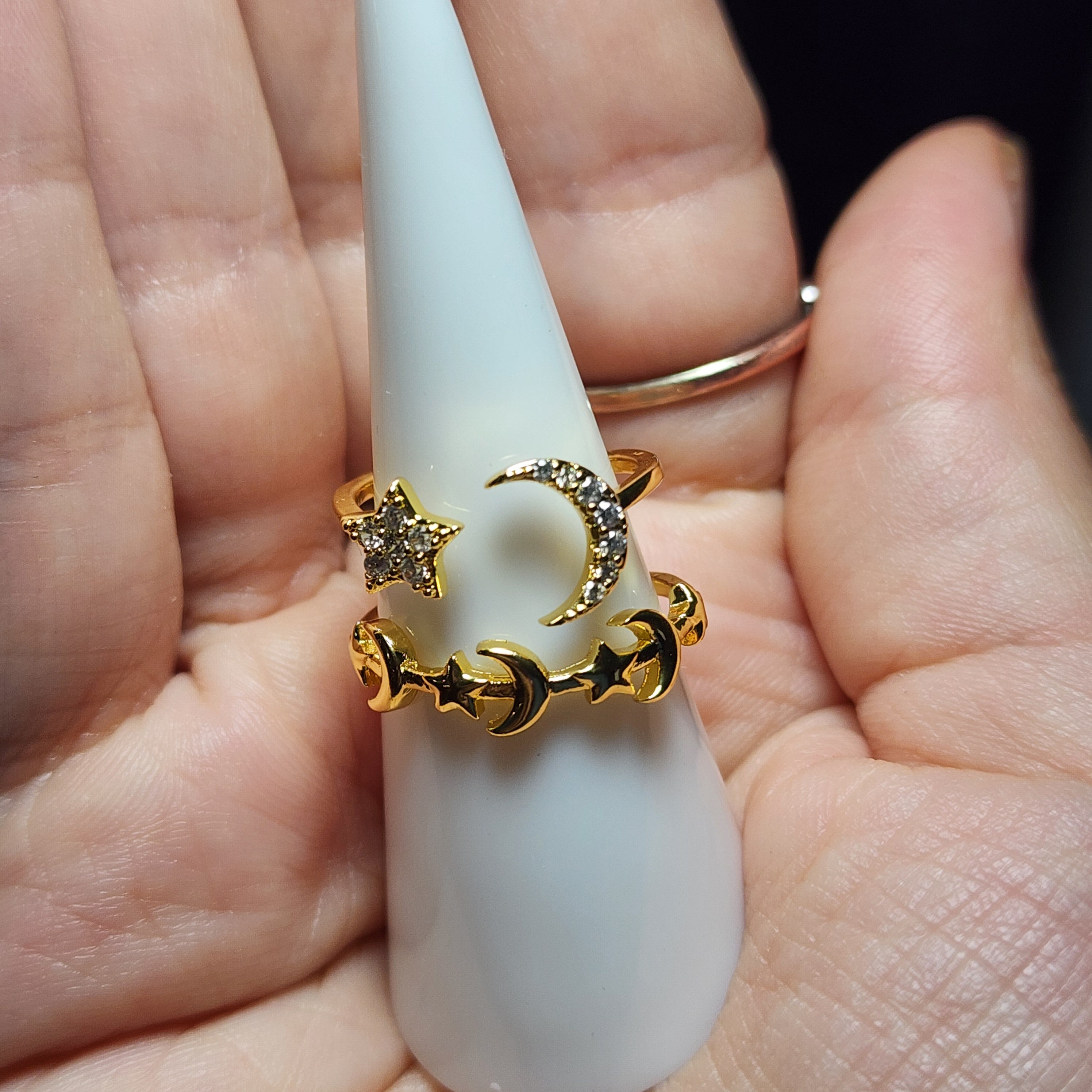 Gold Tone Star & Moon Zircon Adjustable Ring