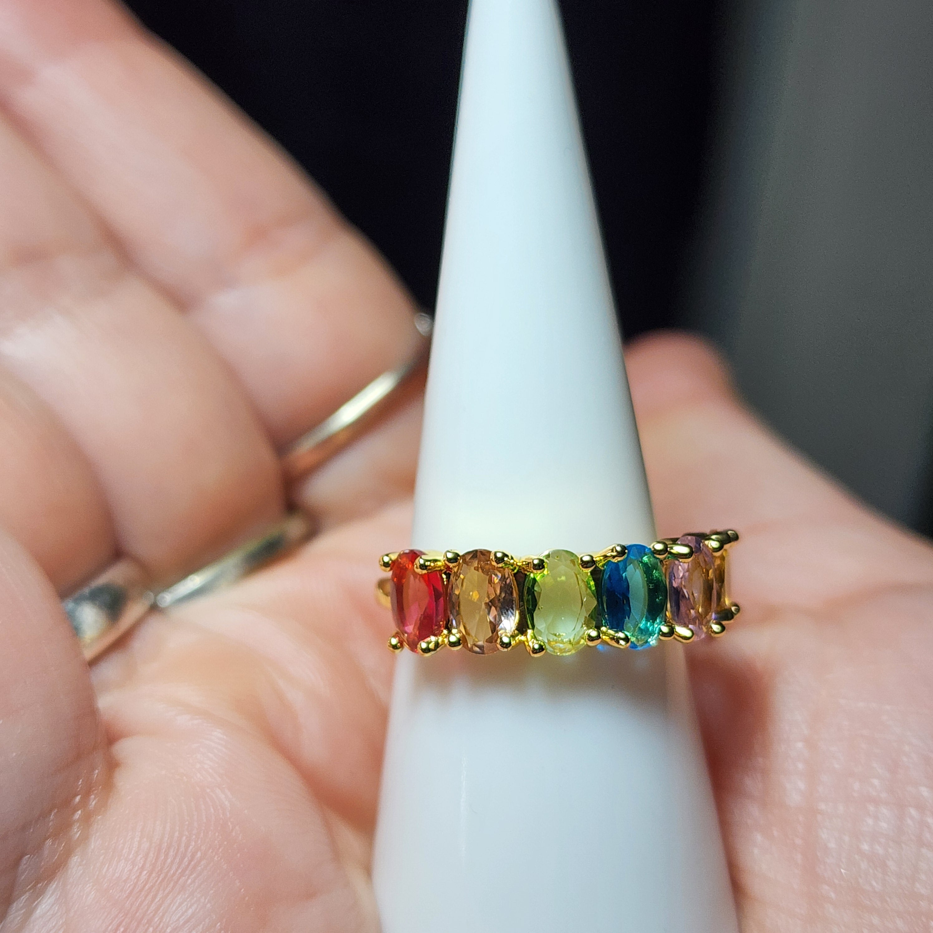 Gold Tone Rainbow Oval Zircon Adjustable Eternity Ring