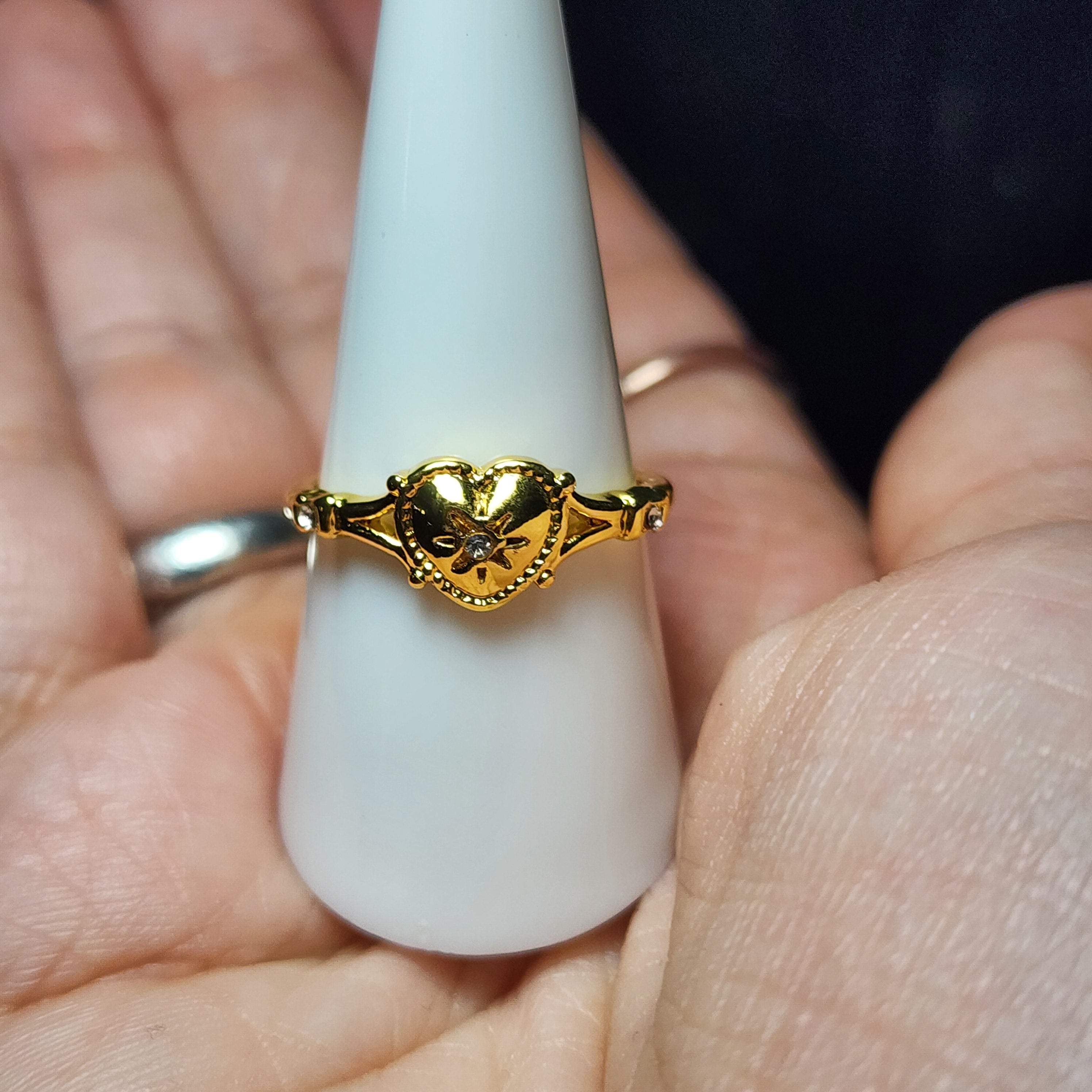 Gold Tone Antique Heart Signet Ring with Zircon Star