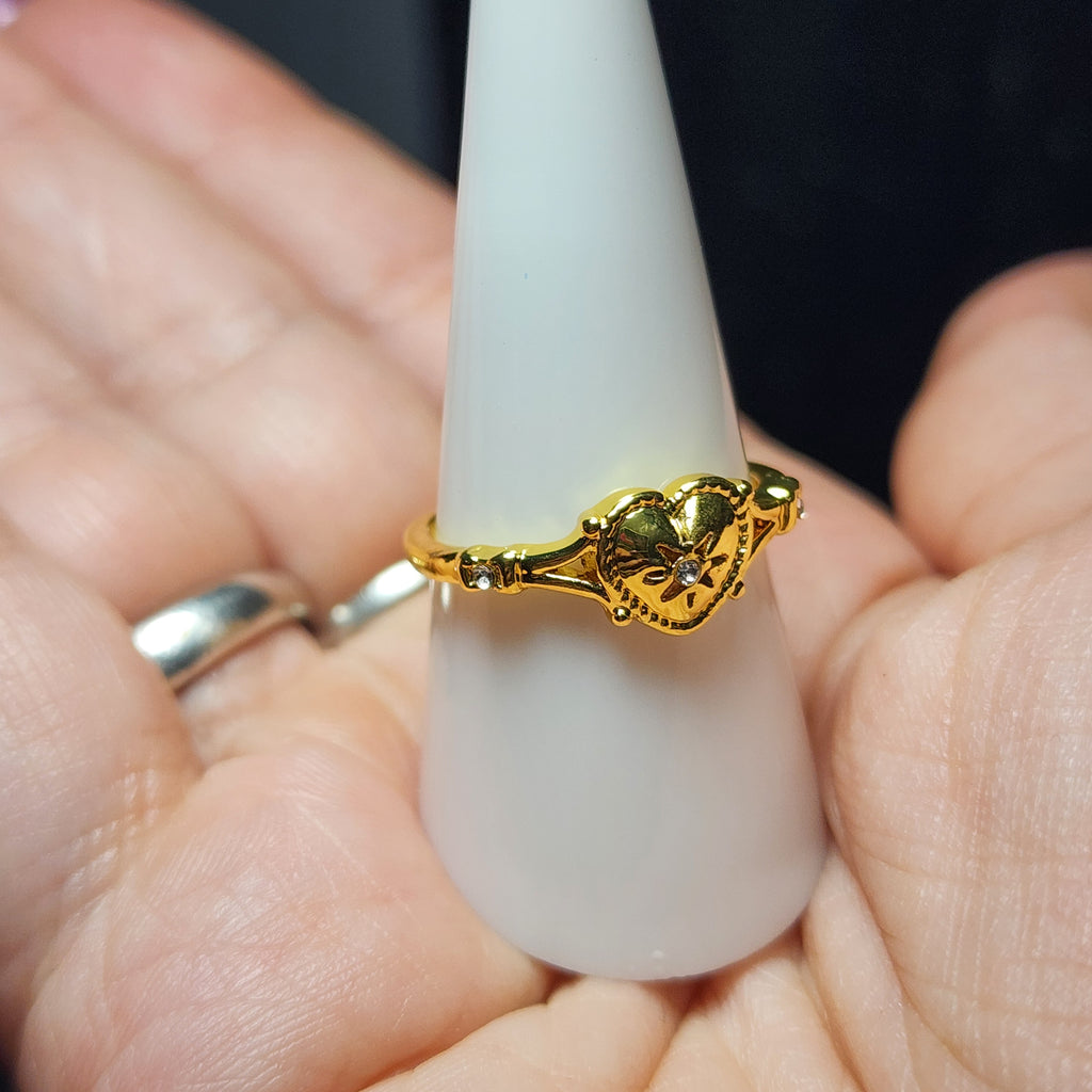 Gold Tone Antique Heart Signet Ring with Zircon Star