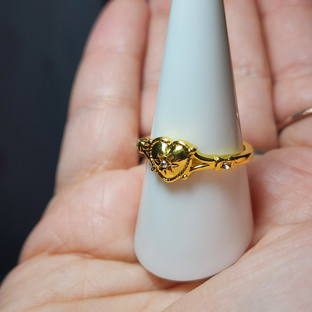 Gold Tone Antique Heart Signet Ring with Zircon Star