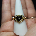 Gold Tone Black Enamel Antique Heart Ring with Zircon Center