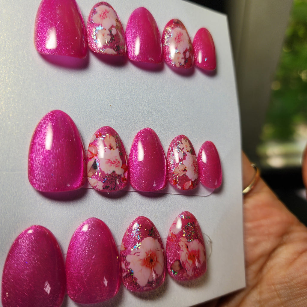Cherry Blossom Hot Pink Cat-Eye Jelly Press-On Nails
