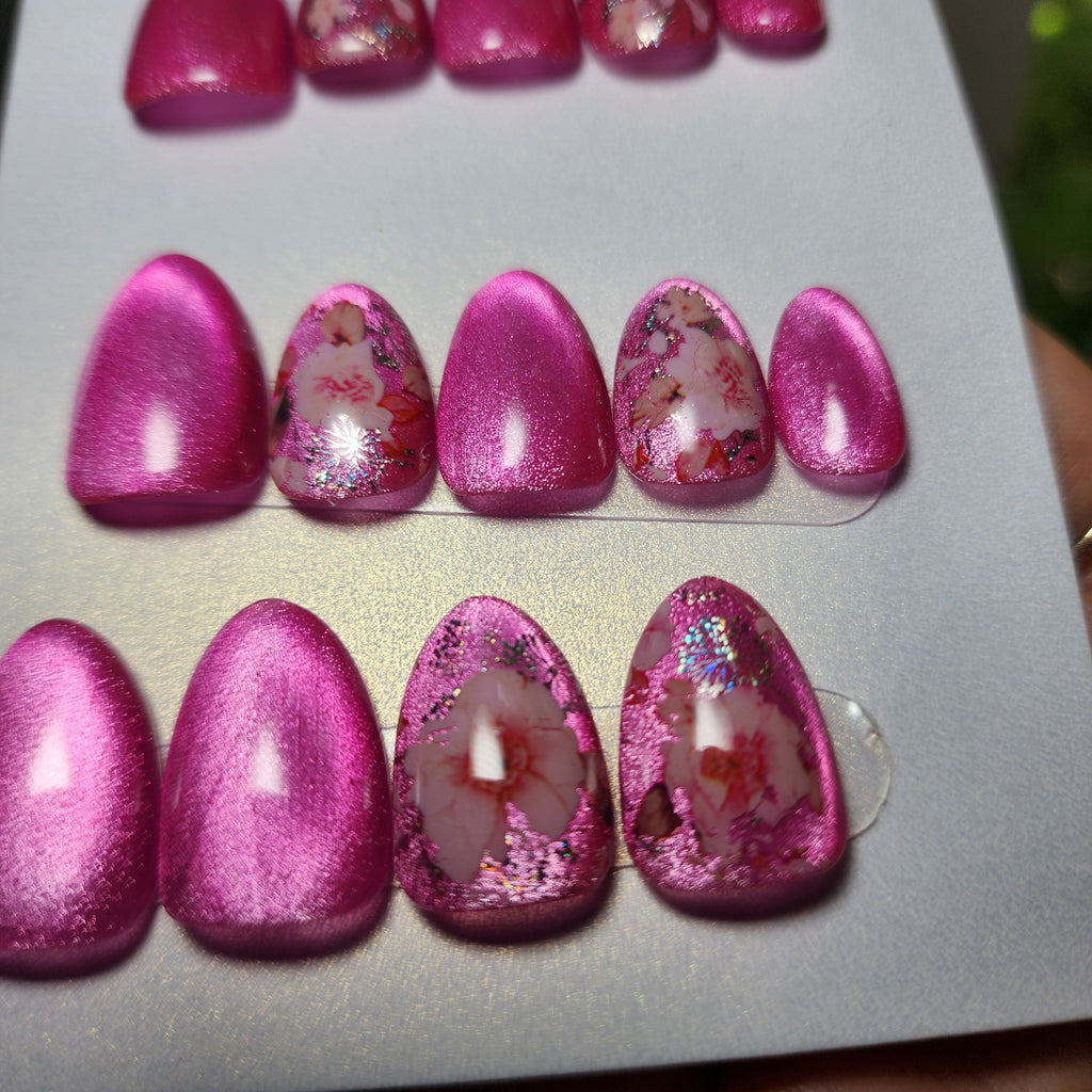 Cherry Blossom Hot Pink Cat-Eye Jelly Press-On Nails