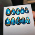 Handmade Royal Blue Cat Eye & Gold Chrome Celestial Press-On Nails | Medium Extra Short Almond