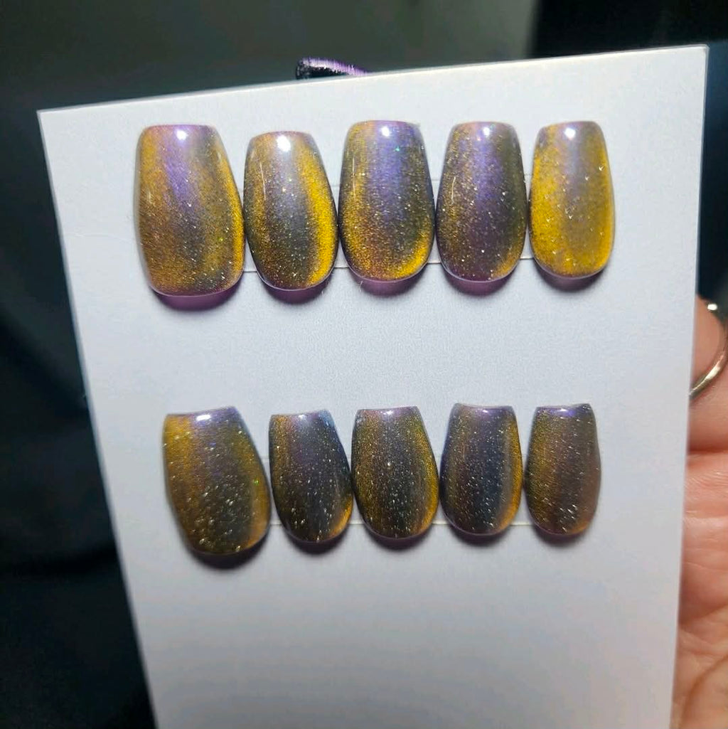 Handmade Mystical Color Shifting Gel Press-On Nails | Purple to Gold | Medium Coffin