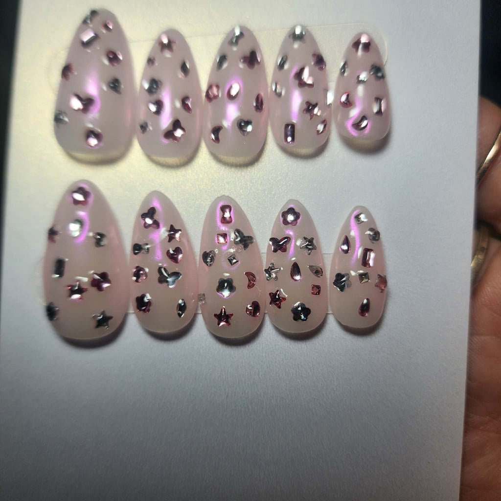 Handmade Chrome Confetti Gem Gel Press-On Nails | Medium Short Almond