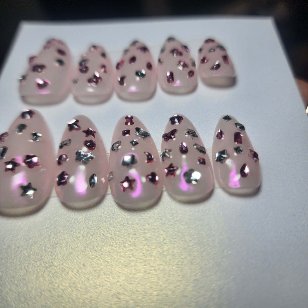Handmade Chrome Confetti Gem Gel Press-On Nails | Medium Short Almond