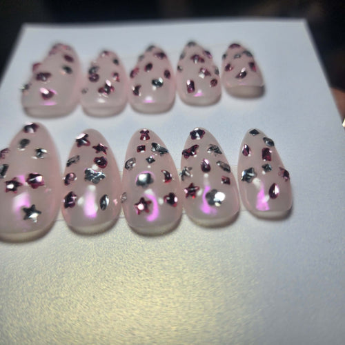 Handmade Chrome Confetti Gem Gel Press-On Nails | Medium Short Almond