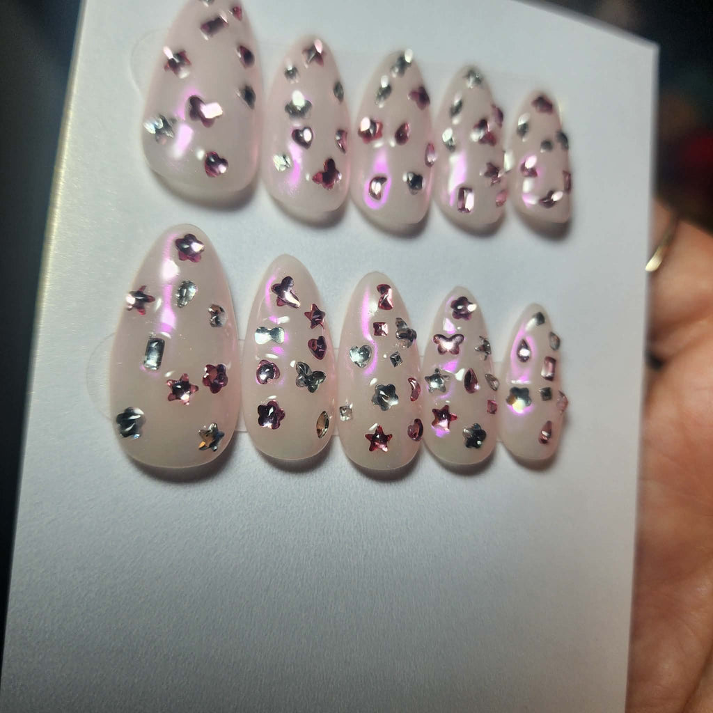 Handmade Chrome Confetti Gem Gel Press-On Nails | Medium Short Almond