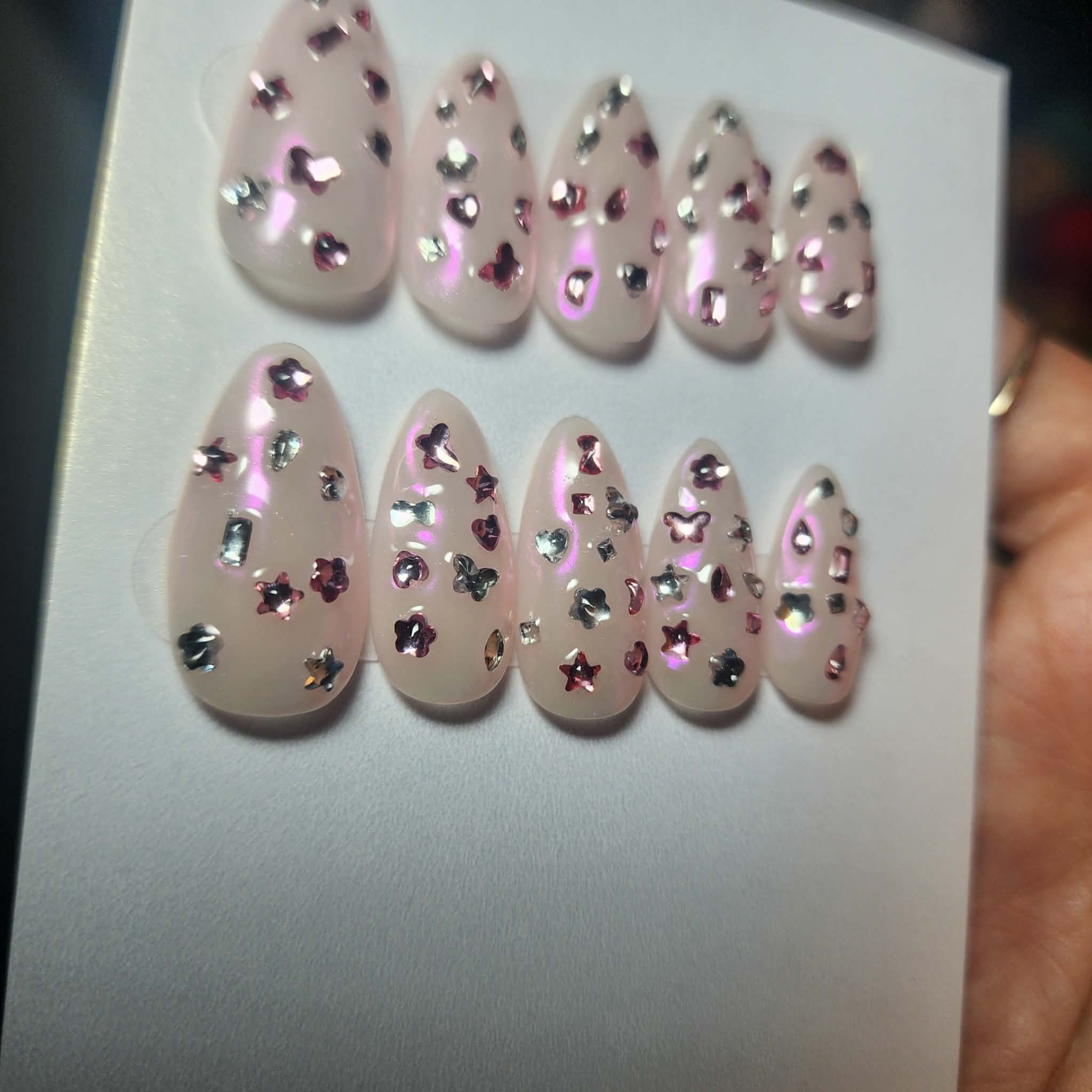 Handmade Chrome Confetti Gem Gel Press-On Nails | Medium Short Almond