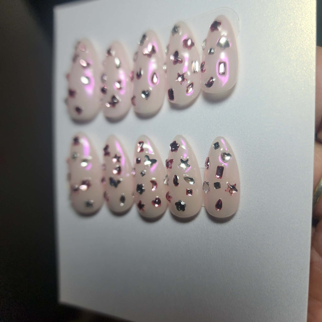 Handmade Chrome Confetti Gem Gel Press-On Nails | Medium Short Almond
