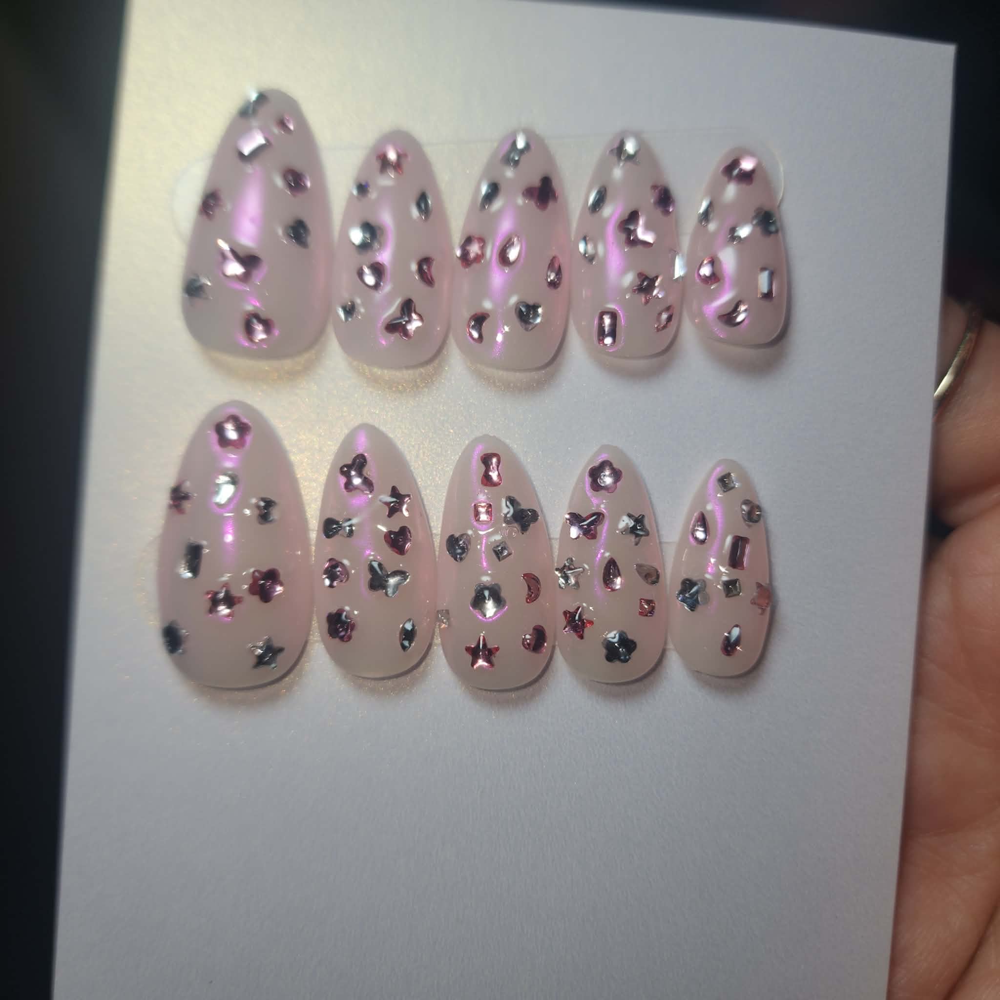 Handmade Chrome Confetti Gem Gel Press-On Nails | Medium Short Almond