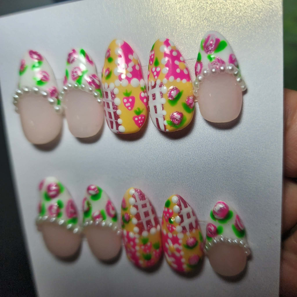 Handmade Summery Strawberry Croquette Press-On Nails | Medium Almond