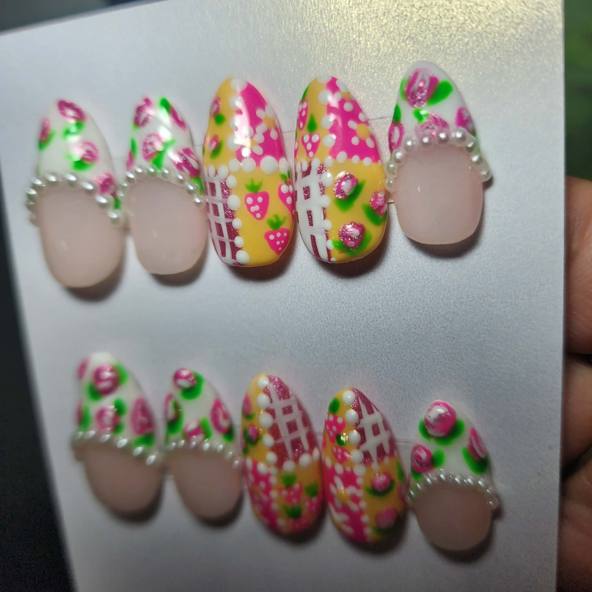 Handmade Summery Strawberry Croquette Press-On Nails | Medium Almond